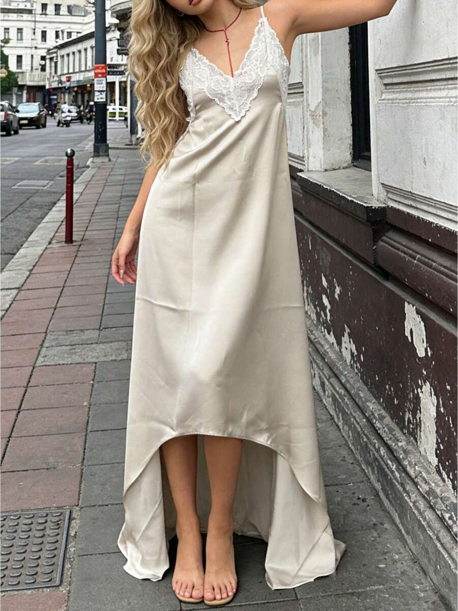 Women Summer Deep V-Neck Lace  - Slip Dress Satin review and price