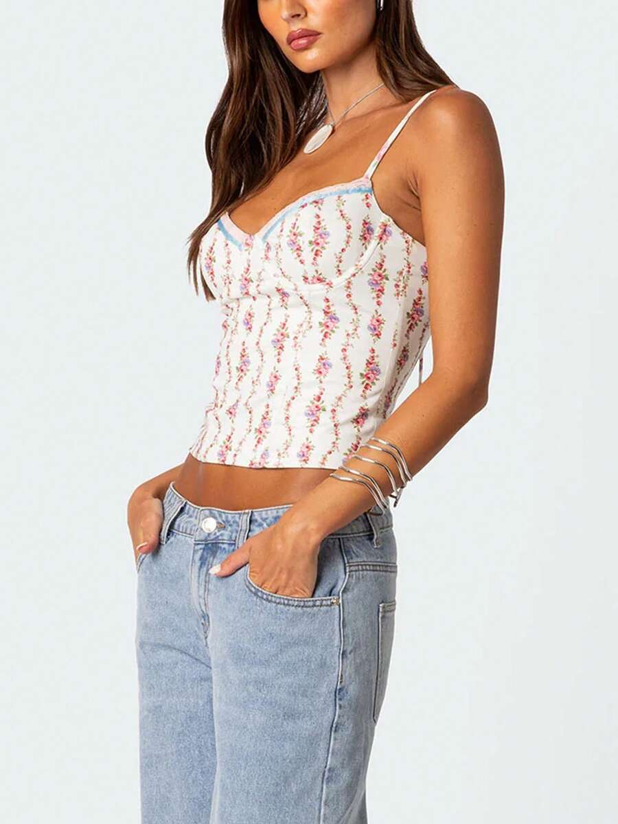 Women Floral Print Tie Strap V - Cami Top Lace review and price