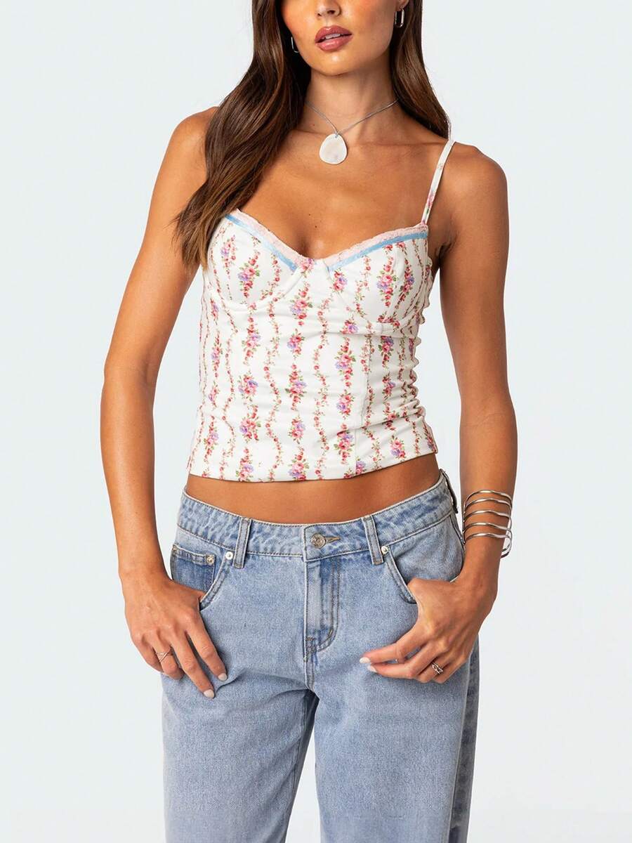 Women Floral Print Tie Strap V - Cami Top Lace review and price